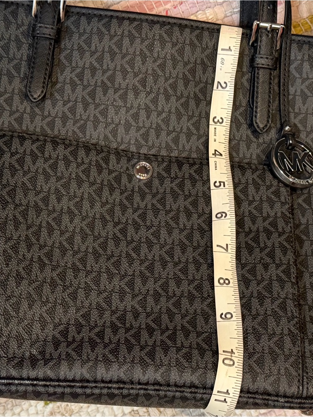 Michael Kors Black Logo-Print Tote with MK Charm - Picture 8 of 9